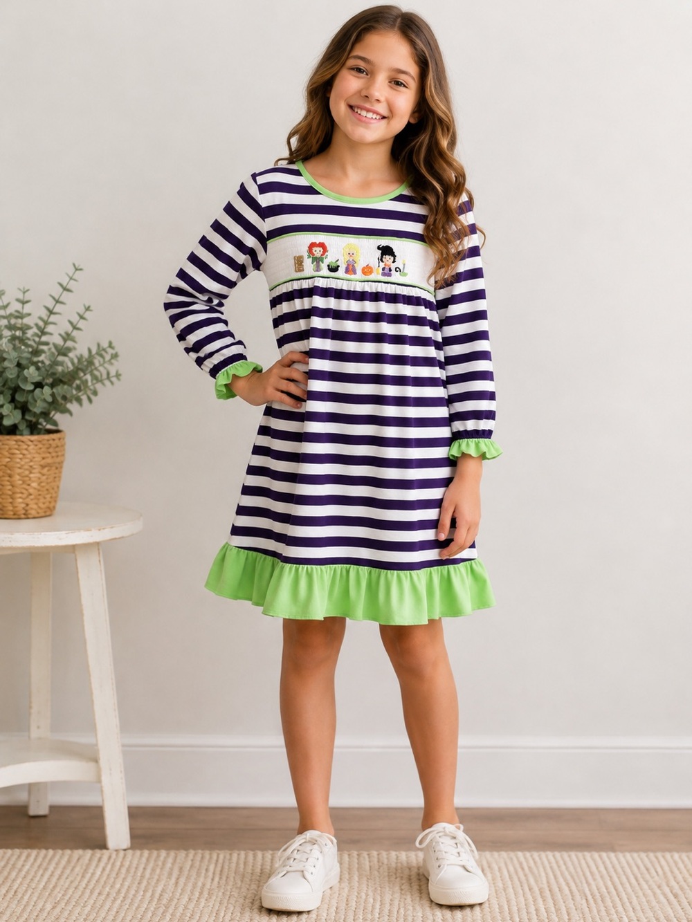 AWE Smocks Girls Halloween Smocked Dress Size 10 Purple Stripe Witch Pumpkin